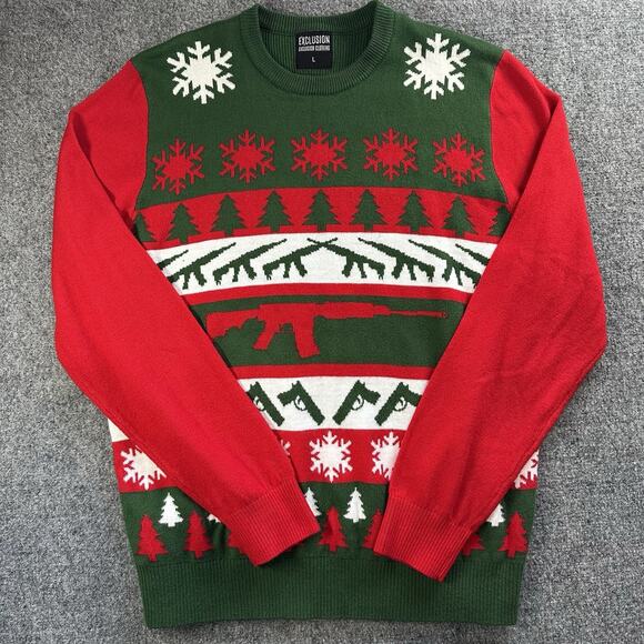 Exclusion Clothing Christmas Ugly Sweater Military Rifle/Pistol (AOP) Size L Red - Picture 1 of 6